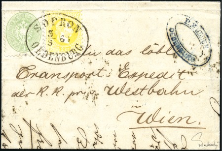 Stamp of Hungary 1867 2Kr Yellow and 1863-64 3Kr green tied by SPOR