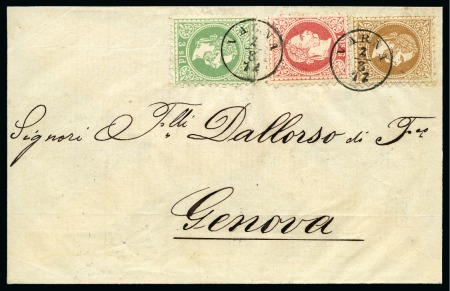 Stamp of Bulgaria » Austrian Levant Post Offices 1872 Front with Austrian Levant 3s, 5s and 15s tied by Varna thimble cds