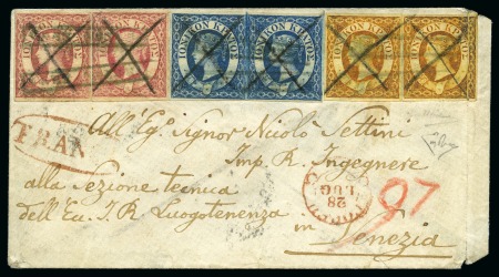 1859 (Jul 28) Envelope with all three values, two of each (1d in pair), with full margins