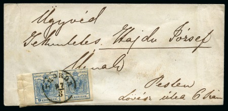 AUSTRIA 1858 9Kr margin pair on envelope THORDA to Pest
