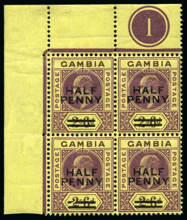 1906 1/2d on 2s6d mint nh top left corner marginal block of four