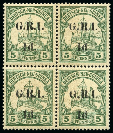 Stamp of New Guinea 1914 (Dec 16) 1d on 5pf green mint nh block of four with varieties