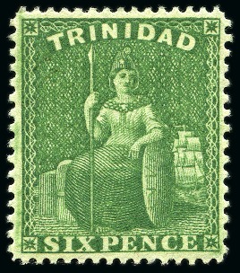 Stamp of Trinidad and Tobago » Trinidad 1860 6d Bright yellow-green clean cut perf.14-16 1/2 mint 