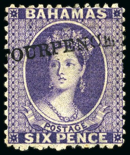 Stamp of Bahamas 1883 4d on 6d Deep Violet unused with WMK REVERSED