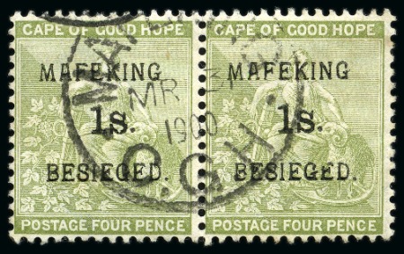 Stamp of South Africa » Mafeking 1900 1s on 4d COGH sage-green used pair 