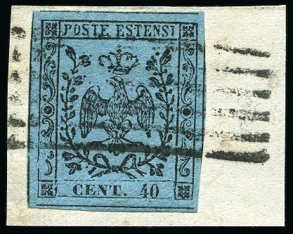 Stamp of Italian States » Modena 1852 40c Celeste tied to fragment by bar cancel, large to very large margins