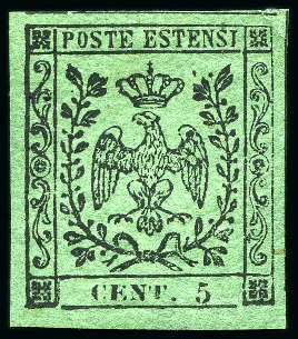Stamp of Italian States » Modena 1852 5c Green, mint hinge remainder, large to very large margins