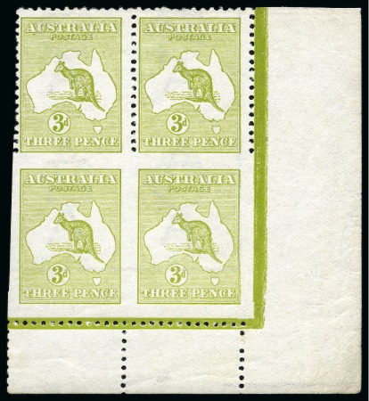 Stamp of Australia » Commonwealth of Australia 1913-14 Roos 3d olive, die I, mint, bottom right corner sheet marginal block of four