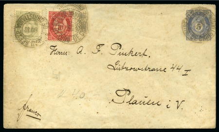 NORWAY 1888 Postal stationery envelope + addit. franking to German Empire