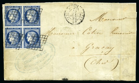 1849 Cérès 25c bleu en bloc de 4 bien margé sur lettre