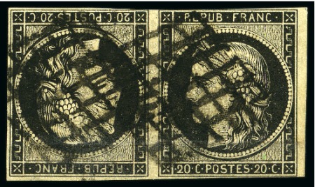 Stamp of France 1849 20c noir sur jaune en paire TETE-BECHE, obl., filet touché en haut sinon TB, signé Calves (Yv. € 8'000)