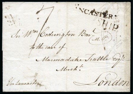 1791 Cover from Antigua with s/l LANCASTER with SHIP alongside