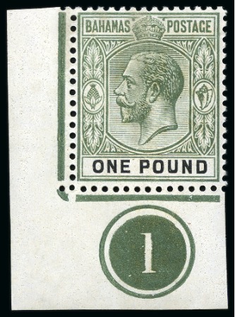 Stamp of Bahamas 1912-19 Multi CA £1 green and black, mint, bottom