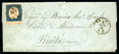 1854 20c Blue with large margins all around including bottom sheet margin, tied by GENOVA 3 SEP 54 cds on folded cover to La Trinità, very fine