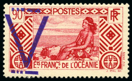 Stamp of Colonies françaises » Océanie Océanie 15 valeurs entre Yv. 86 et 113 avec surcharge violette "V", neuf avec adhérences, TB, toutes signés Calves (15)