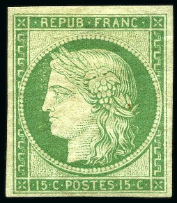 Stamp of France 1849 Cérès 15c vert, neuf, TB, très rare, signé et cert. Calves