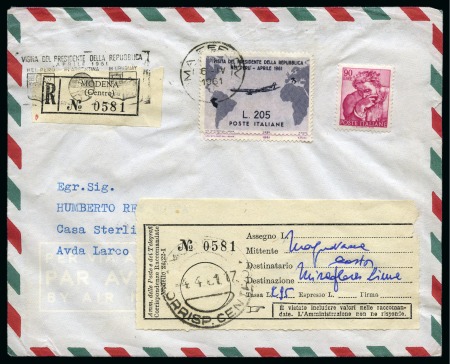 1960 205L "Gronchi" rose underneath 205L grey on registered cover to Lima