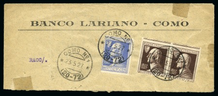 1927 Alessandro Volta 60C Brown, horizontal pair, vertically imperforate and shifted horizontal perforation, together with 1L25 ultramarine tied by COMO N°1 23.5.27 cds on large piece