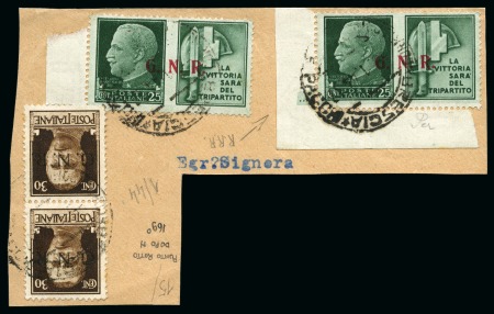 1944 Socialist Republic GNR Propaganda, 25c green with plate number in margin plus 30c GNR in vertical pair with full stop missing after N in top example