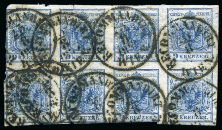Stamp of Austria 9Kr Blue, Handpaper, Type III, horizontal block of eight 