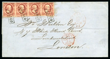 10c Lake, STRIP OF FOUR tied by boxed FRANCO on folded cover to London
