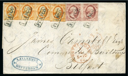 15c Orange (4) and 10c lake in pair tied by boxed FRANCO on folded cover to Belfast (Ireland)