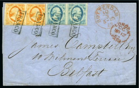 15c Orange in pair together with 5c blue in pair (crease) tied by boxed FRANCO pmks on folded cover to Belfast
