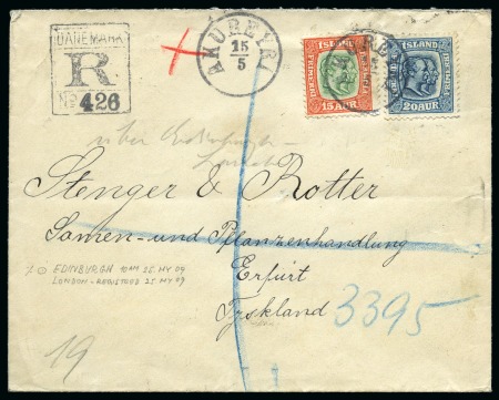Stamp of Iceland ICELAND 1909 Registered envelope AKUREYRI to German Empire