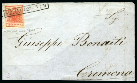 1851 AUSTRIA USED in LOMBARDY VENETIA  3kr RIBBED PAPER used in Milano
