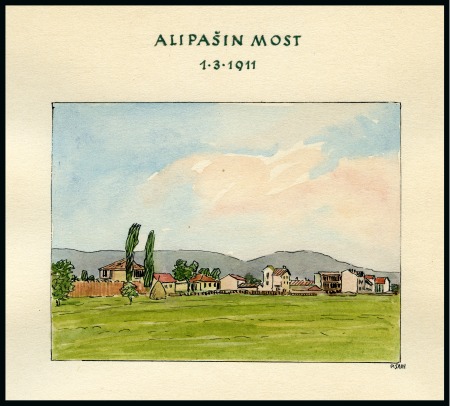 Collection of 181 Watercolour painting in four deluxe albums depicting all the towns of Bosnia with postoffices at the turn of the 20th Century