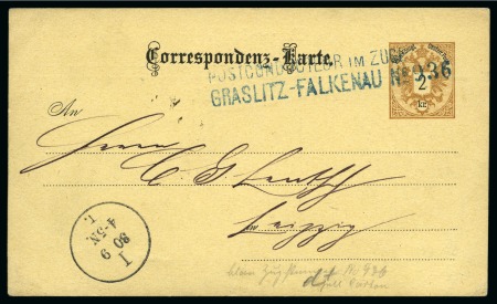 1885 2Kr Postal stat. card bearing blue 2-line TPO Graslitz - Falkenau