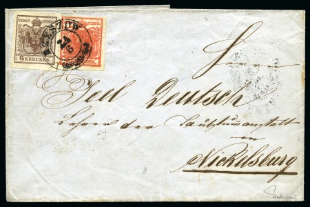 AUSTRIA 1851c. 3kr (plate error) + 6Kr cover RZESZOW