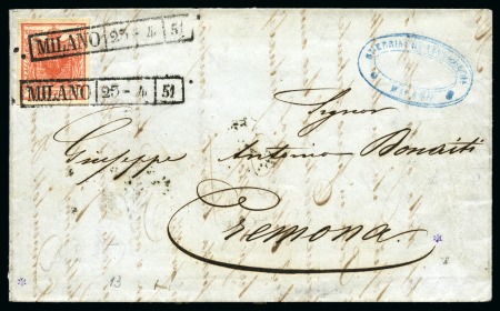 AUSTRIA USED IN LOMBARDO VENETIA 1851 3Kr with VENEZIA & MILANO pmks