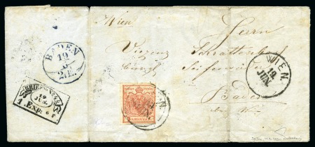 Stamp of Austria » 1850 Issue AUSTRIA EARLY DATES - JUNE 1850 USAGE ON COVER - 3Kr cover with WIEN 19.6.(50)