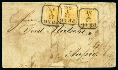 Stamp of Austria » 1850 Issue 1855-1858  AUSTRIA 1Kr FRANKINGS lemon yellow strip of 3 and 1Kr light orange (3), each on cover