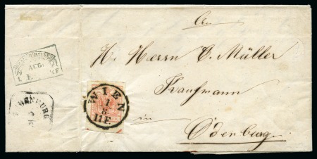 1851-1853 AUSTRIA 3kr with partial St.Andrews crosses on cover