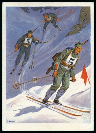 1928 St-Moritz. Olympic card Skiers sent by airmail to Biel and Bern