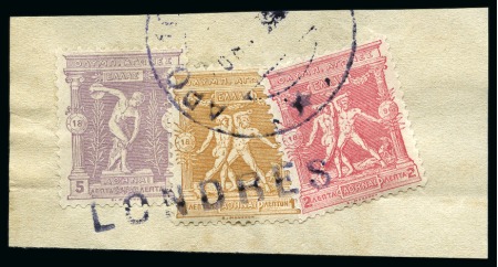 Stamp of Olympics » 1896 Athens 1L, 2L and 5L all tied on a fragment by straight line LONDRES hs
