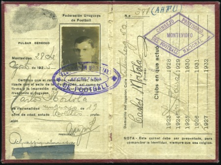 1925 Uruguay football player's license for Carlos Mortola