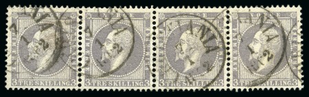 NORWAY 1856-1857 3Sk grey in horizontal strip of 4, used