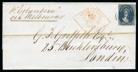 Stamp of Australia » Tasmania 1857 (Apr 10) Wrapper from Launceston to London with 1856-57 4d deep blue