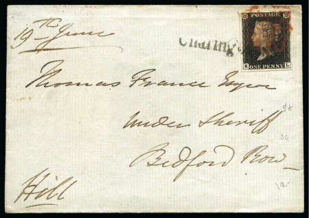 1840  Envelope sent within London and signed "Hill" with 1840 1d black pl.1a