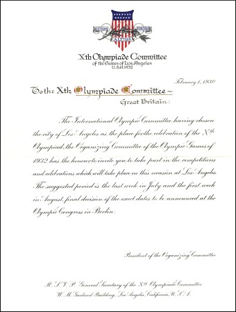 Official invitation from the Los Angeles Olympic C