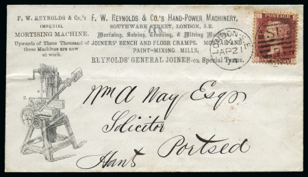 Stamp of Great Britain » 1854-70 Perforated Line Engraved 1874 (Apr 21) Reynold's Hand Power Machinery advertising envelope with 1d red