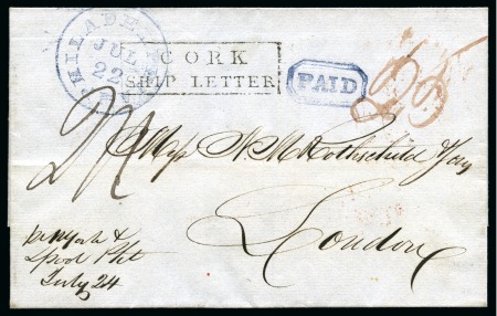 1837 Wrapper from the USA to London via Ireland with crisp "CORK / SHIP LETTER" boxed hs