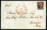10c Black with clear to large margins, tied by red grid on folded cover from New York