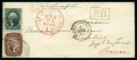 Stamp of United States » 1857-61 Issue 1857-61 5c Brown (type I) and 10c green (type II) tied by circular