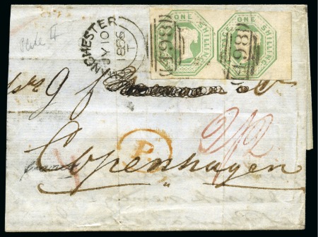 Stamp of Great Britain » 1847-54 Embossed 1856 (Jul 10) Part cover (reduced at left) with Embossed 1s green marginal pair
