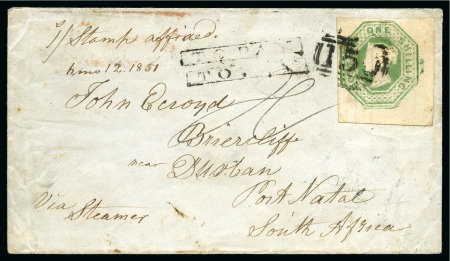 Stamp of Great Britain » 1847-54 Embossed 1851 Envelope from Burnley to South Africa with Embossed 1s marginal