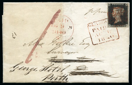 1840 Entire sent from Glasgow to Edinburgh redirected with penny black to Perth